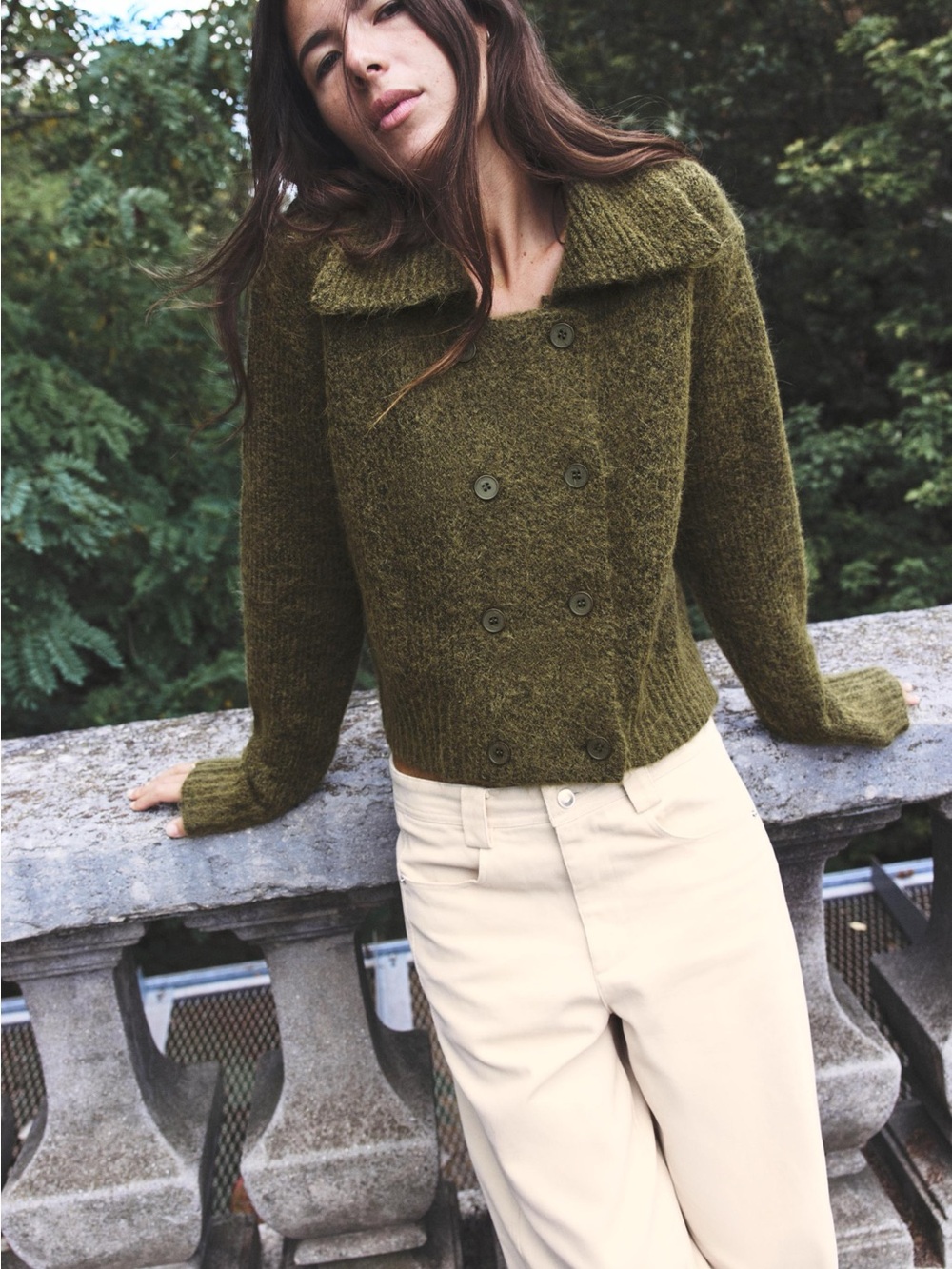 Zara Olive Green Double-Breasted Knit Cardigan
